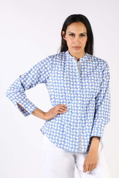 Your everyday style needs not to be boring - this Button through shirt is your new everyday blouse shirt. A striking geometric print, this cotton shirt features long cuffed sleeves and a mandarin collar with an open neck. Pair it up with your high waisted