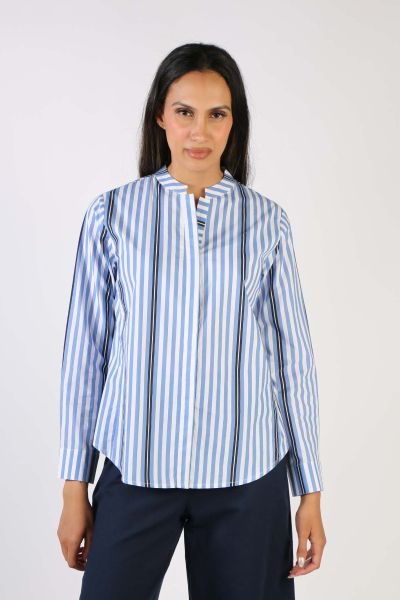 Your everyday style needs not to be boring - this Button through shirt is your new everyday blouse shirt. A striking stripe print, this cotton shirt features long cuffed sleeves and a mandarin collar with an open neck. Pair it up with your high waisted ta