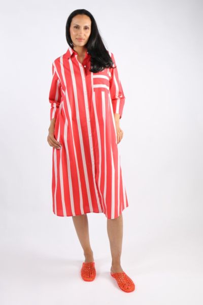 A classic shirt dress is hard to beat and this Harvey dress is one for the wardrobe staple. In a fun stripe color, it features a top to bottom button through closure with a collar and full cuffed sleeves with a black color under cuff. In a midi length, th