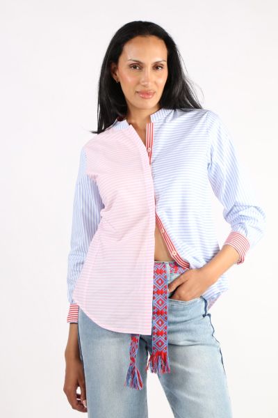 Your everyday style needs not to be boring this Button through shirt is your new everyday blouse shirt. A striking stripe, this cotton shirt features long cuffed sleeves and a mandarin collar with an open neck. Pair it up with your high waisted tailored p