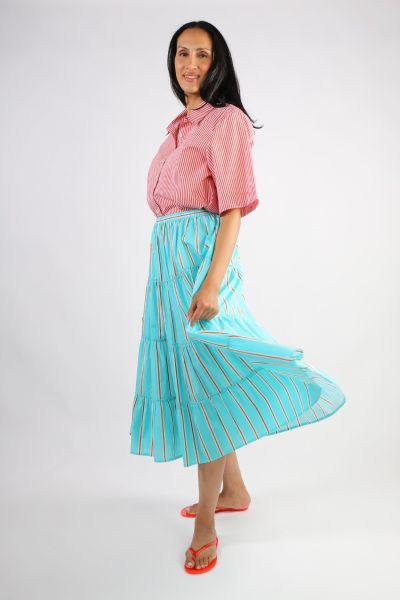 Bagruu Diwali Skirt In Aqua Calico Stripe