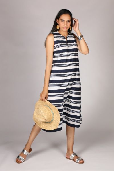 Ekta Midi Stripe Dress By Bagruu In Navy