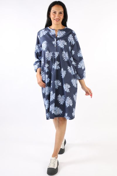 Bagruu Doria Leaf Print Dress In Navy