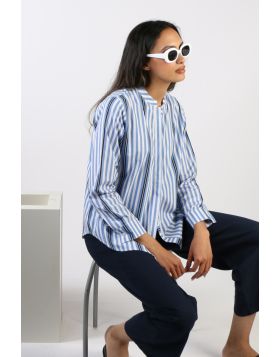 Your everyday style needs not to be boring - this Button through shirt is your new everyday blouse shirt. A striking stripe print, this cotton shirt features long cuffed sleeves and a mandarin collar with an open neck. Pair it up with your high waisted ta