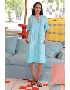 Go for an easy vibe with a head turner in this gorgeous Sami dress that is all sorts of perfect for the season. In an overall stripe, the cotton poplin dress features a round split neck, short sleeves and falls just at your knees. Perfect to be styled wit