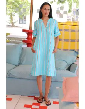 Go for an easy vibe with a head turner in this gorgeous Sami dress that is all sorts of perfect for the season. In an overall stripe, the cotton poplin dress features a round split neck, short sleeves and falls just at your knees. Perfect to be styled wit