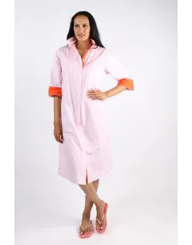 A classic shirt dress is hard to beat and this Harvey dress is one for the wardrobe staple. In a fun stripe color, it features a top to bottom button through closure with a collar and full cuffed sleeves with a black color under cuff. In a midi length, th