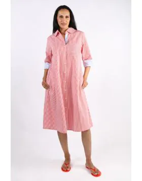 A classic shirt dress is hard to beat and this Harvey dress is one for the wardrobe staple. In a fun stripe color, it features a top to bottom button through closure with a collar and full cuffed sleeves with a black color under cuff. In a midi length, th