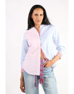 Your everyday style needs not to be boring this Button through shirt is your new everyday blouse shirt. A striking stripe, this cotton shirt features long cuffed sleeves and a mandarin collar with an open neck. Pair it up with your high waisted tailored p